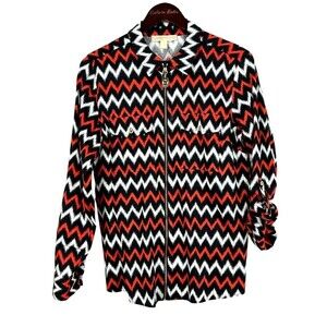 Michael Kors Women Sz 10 Blouse Black Red Long Sleeve Pocket Classic Full Zip N1